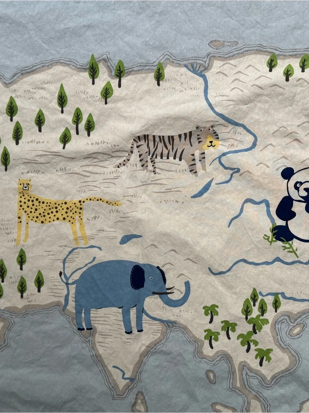 Pottery Barn Kids World Map Animals Shower Curtain 72x72 Cotton Blue